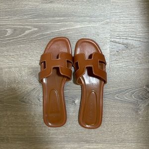 Brown H Leather Slides